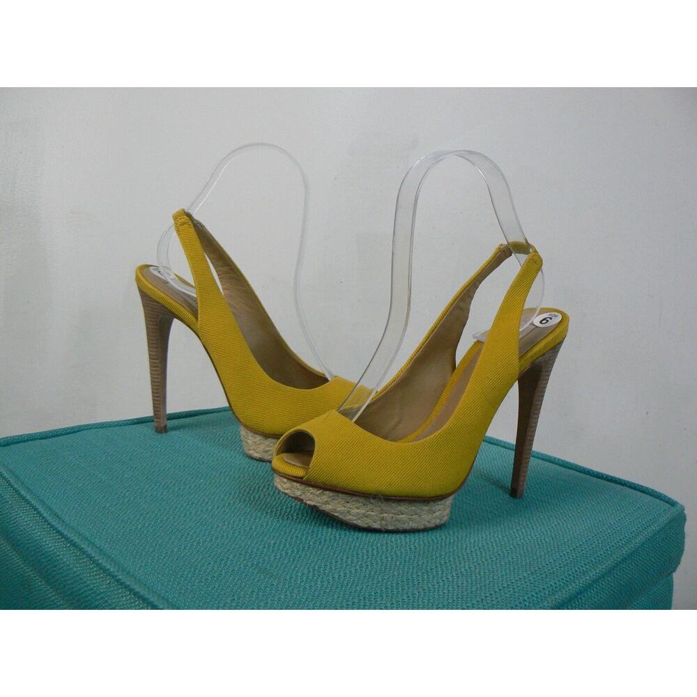 $185 BCBG MaxAzria Ma Fennel Mustard Yellow Canvas Peeptoe Heels NEW B753
